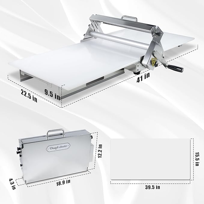 Folding Dough Sheeter (15.5")，Dough Sheeter，Manual Dough Sheeter，Commercial Dough Roller Sheeter，55 thickness options，Suitable for pizza, croissants, puff pastry, Stainless Steel（1 Rolling Boards）