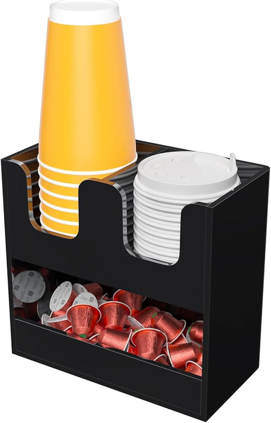 Beego 3-Compartment Cup Holder for Countertop - 2-Tier Black Acrylic Cup Dispenser Coffee Station Paper Cup and Lid Organizer Condiment Storage for Restaurant Breakroom Kitchen Bar Accessories
