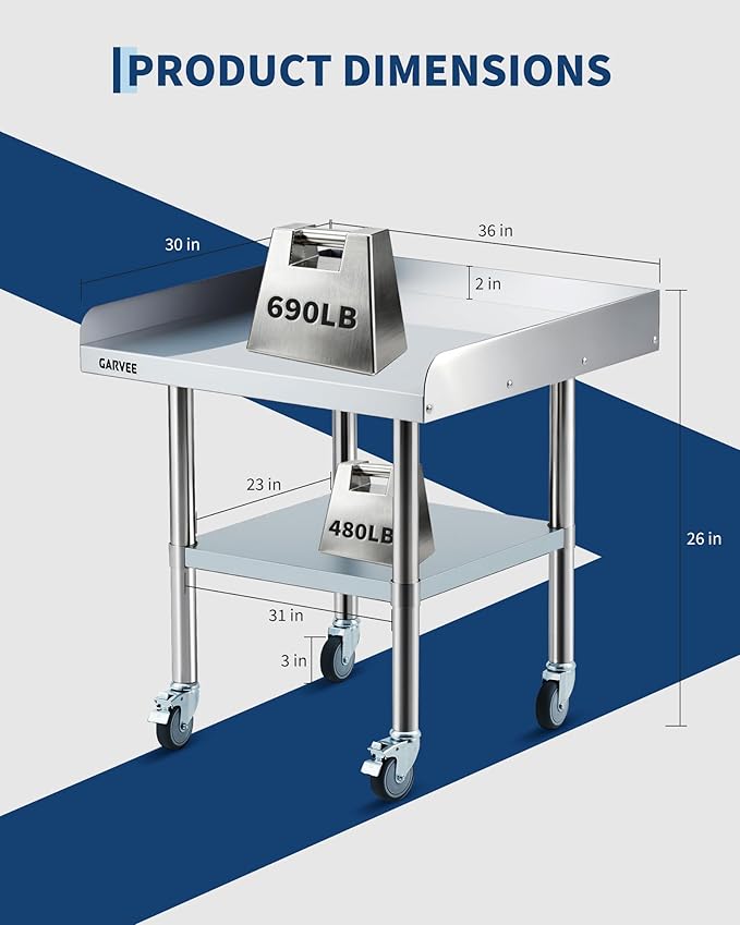 Garvee Stainless Steel Work Table, 30x36x26 Inch Commercial Food Prep Worktable with Wheels, Detachable 3-Sided Backsplash & Height-Adjustable Shelf, Heavy Duty Workbench for Kitchen Restaurant Garage