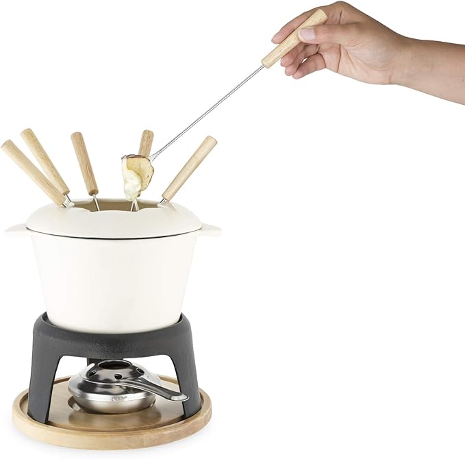 Twine Cast Iron Fondue Set with Metal Stand and Forks, Chocolate Melting Pot, Cheese Fondue Kit Set, Hosting Essentials 8.5", Off-Cream
