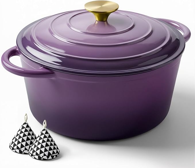 Miereirl 4.5 Quart Enameled Dutch Oven Pot with Lid, Cast Iron Dutch Oven with Dual Handles for Bread Baking, Cooking, Non-stick Enamel Coated Cookware, Purple