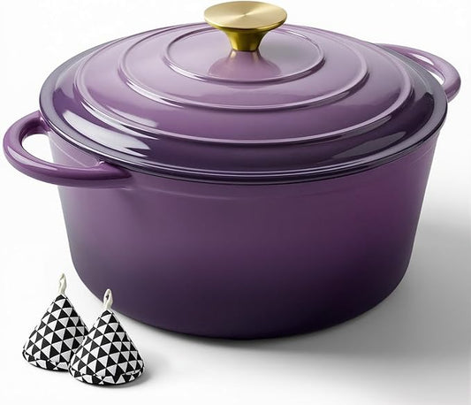Miereirl 6 Quart Enameled Dutch Oven Pot with Lid, Cast Iron Dutch Oven with Dual Handles for Bread Baking, Cooking, Non-stick Enamel Coated Cookware, Purple