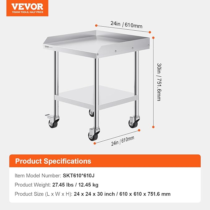 VEVOR Stainless Steel Work Table, 24 x 24 x 30 Inch Commercial Food Prep Worktable with 4 Wheels, Casters, 3-Sided Backsplash Heavy Duty Prep Worktable, Metal Work Table for Restaurant Home Hotel