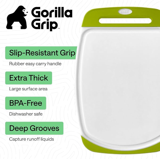 GORILLA GRIP BPA-Free Reversible Kitchen Cutting Board Set of 3, US Designed, Nonporous, Juice Grooves Catch Liquid, Slip Resistant Border, Dishwasher Safe, Durable Food Chopping Boards, Lime Green