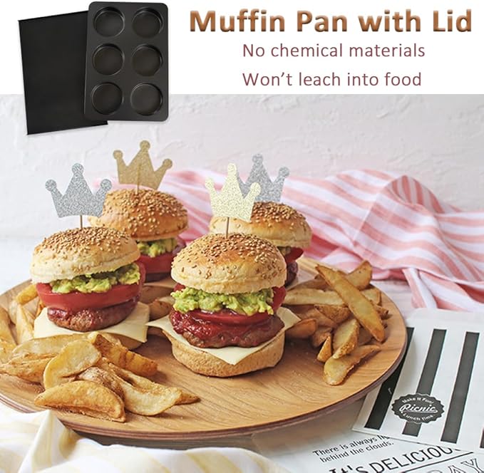 2 Pcs Muffin Top Pan with Lid, 3.6 Inch Non-Stick 6 Cup Straight Muffin Pan Cupcake Pan, Hamburger Bun Pan for Baking Egg Sandwich Frittata Cinnamon Roll