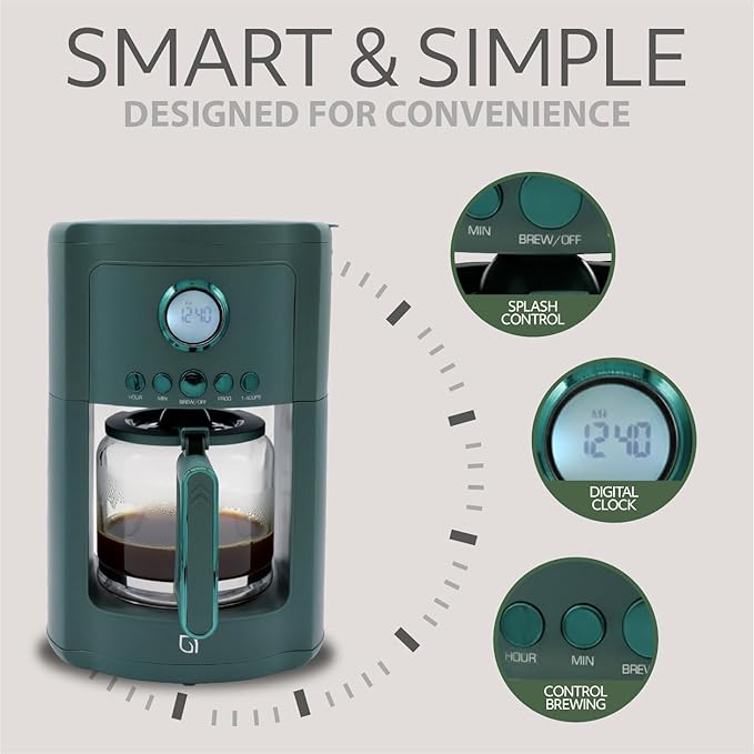 WILLOW Eco Series 12 Cup Drip Coffee Maker, 24 HR Programmable Coffee Maker with Glass Coffee Pot, Removable Filter Basket, Keep Warm Function & Auto Shut-off, Coffee Machine with Digital Display