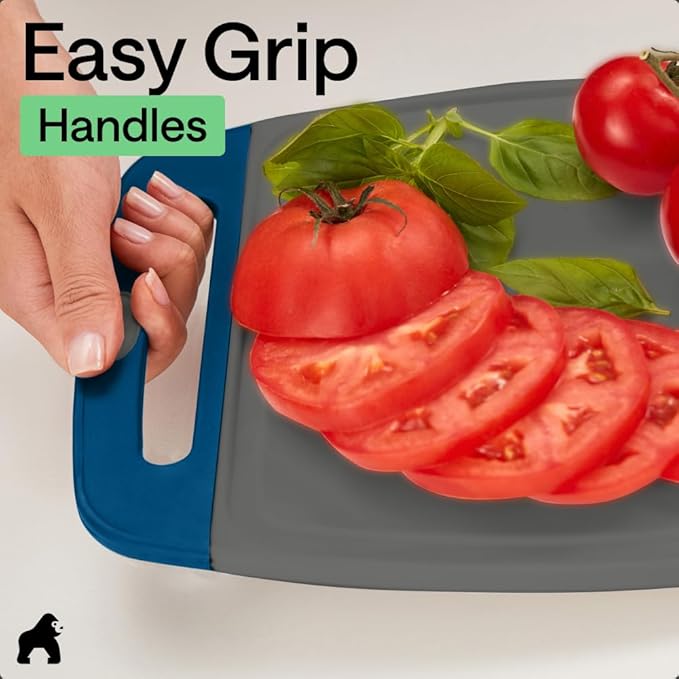 GORILLA GRIP BPA-Free Reversible Kitchen Cutting Board Set of 3, US Designed, Nonporous, Juice Grooves Catch Liquid, Slip Resistant Border, Dishwasher Safe, Durable Food Chopping Boards, Gray Blue