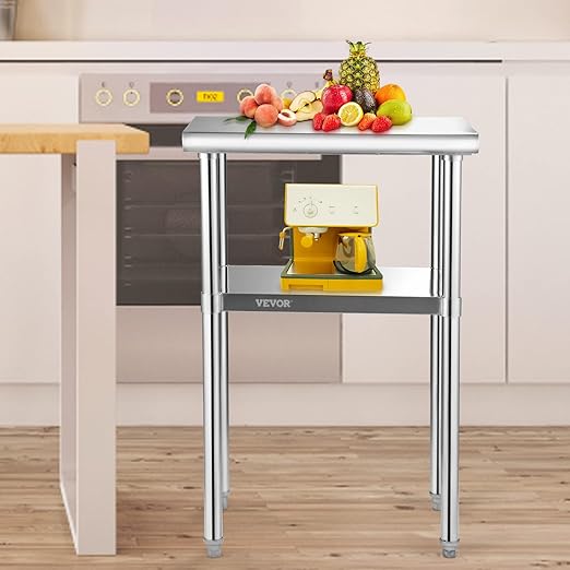 VEVOR Stainless Steel Prep Table, 24 x 18 x 36 Inch, 600lbs Load Capacity Heavy Duty Metal Worktable with Adjustable Undershelf & Feet, Commercial Workstation for Kitchen Restaurant Garage Backyard