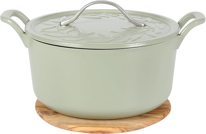 Bloomhouse - Two Time Oprah's Favorite Things Winner - 7 Qt Cast Iron Dutch Oven W/Embossed Lid, European Enamel, & Olive Wood Trivet - Matte Sage