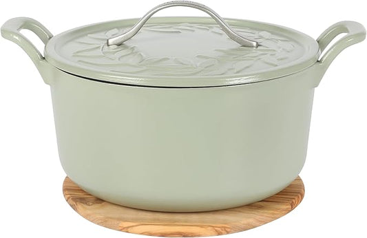 Bloomhouse - Two Time Oprah's Favorite Things Winner - 7 Qt Cast Iron Dutch Oven W/Embossed Lid, European Enamel, & Olive Wood Trivet - Matte Sage