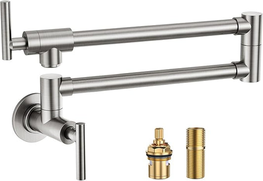 Pot Filler Faucet Brushed Nickel: WOWOW Stainless Steel Pot Filler Over Stove, Wall Mounted Kitchen Folding Faucet with Double Joint Swing Arms