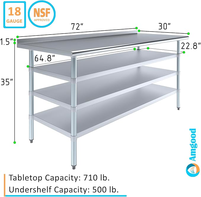 AmGood Stainless Steel Work Table with 1.5" Backsplash and 3 Shelves | Metal Kitchen Food Prep Table | NSF (72" Long x 30" Deep)