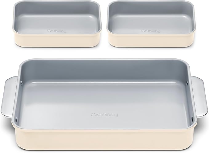 Caraway Nonstick Rectangle Baking Pan Set – 2x 9" x 6.5" & 1x 9" x 13" - Non-Toxic, PTFE & PFOA Free – Aluminized Steel Core – Deep Ceramic Baking Pan for Casseroles, Lasagna & More - Cream