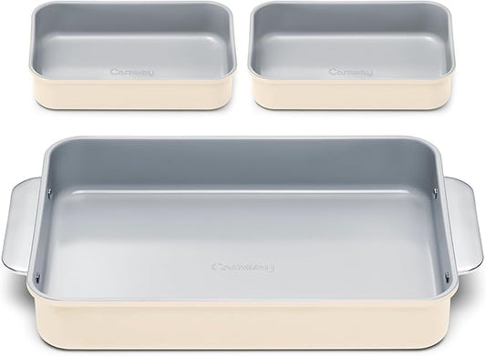 Caraway Nonstick Rectangle Baking Pan Set – 2x 9" x 6.5" & 1x 9" x 13" - Non-Toxic, PTFE & PFOA Free – Aluminized Steel Core – Deep Ceramic Baking Pan for Casseroles, Lasagna & More - Cream