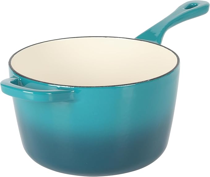 Crock-Pot 3-Quart Teal Ombre Enamel Cast Iron Saucepan with Lid – Durable Oven Safe Cookware