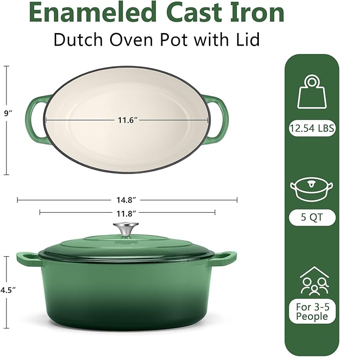 TeamFar Oval Dutch Oven, 5qt Enameled Cast Iron Dutch Oven Pot with Lid, For Bread Baking/Stewing/Braising/Frying, Suitable for Various Stoves, Dual Handles & Easy Cleanup, Basil Green