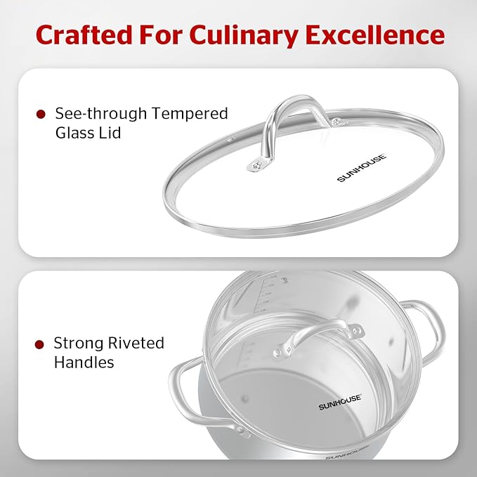 SUNHOUSE Stainless Steel Stock Pot - 15 Quart Heavy-Duty Induction Cooking Pot with Visible Lid for Pasta, Soup, Spaghetti - Nonstick Thick-Bottom Deep Stockpot for Canning, Boiling, and Simmering