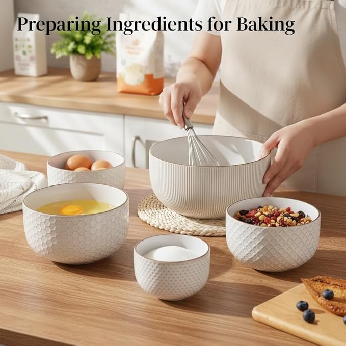 GBhome Ceramic Mixing Bowls Set, 20/45/105/150 oz, Stoneware Nesting Set of 4 embossed Kitchen Serving Bowls, Prep, Baking, Serving, Gift, Microwave and Dishwasher Safe, Dishware Collection-Off White