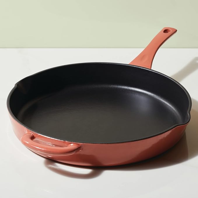 Ayesha Curry Kitchenware Enameled Cast Iron Skillet/Frying Pan with Helper Handle and Pour Spouts, 12 Inch - Redwood Red