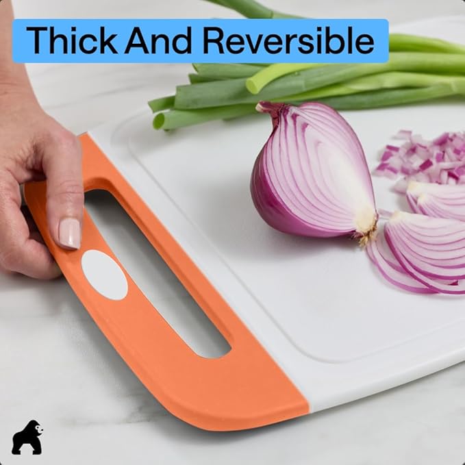 GORILLA GRIP BPA-Free Reversible Kitchen Cutting Board Set of 3 US Designed, Nonporous, Juice Grooves Catch Liquid, Slip Resistant Border, Dishwasher Safe Large Food Chopping Boards, Lime Orange Lemon