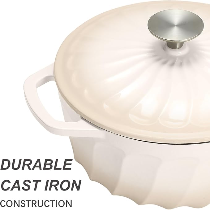 Enameled Cast Iron Dutch Oven with Lid, 6 QT Cast Iron Dutch Oven Pot, Dual Handles for Bread Baking, Cook, Bake, Oven Safe across All Cooktops (White,6 QT)