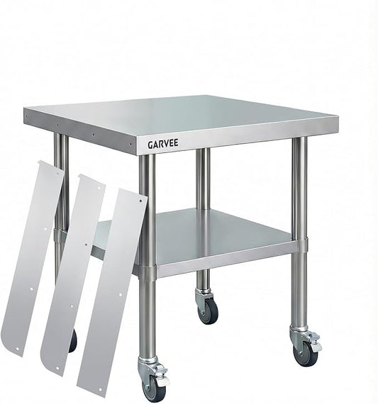 Garvee Stainless Steel Work Table, 30x36x26 Inch Commercial Food Prep Worktable with Wheels, Detachable 3-Sided Backsplash & Height-Adjustable Shelf, Heavy Duty Workbench for Kitchen Restaurant Garage