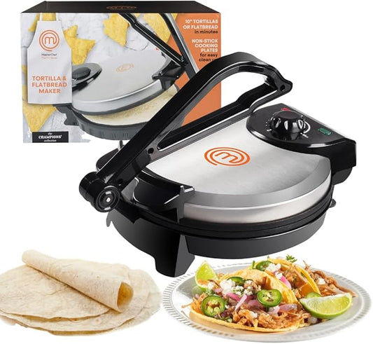 MasterChef Electric Tortilla Maker- Homemade Flatbread, Pitas, Bread, Tortillas- Heavy Duty, Non-stick Cooker is Easier than Tortilla Press, Adjustable Temperature Control and Uniform Baking, Gift