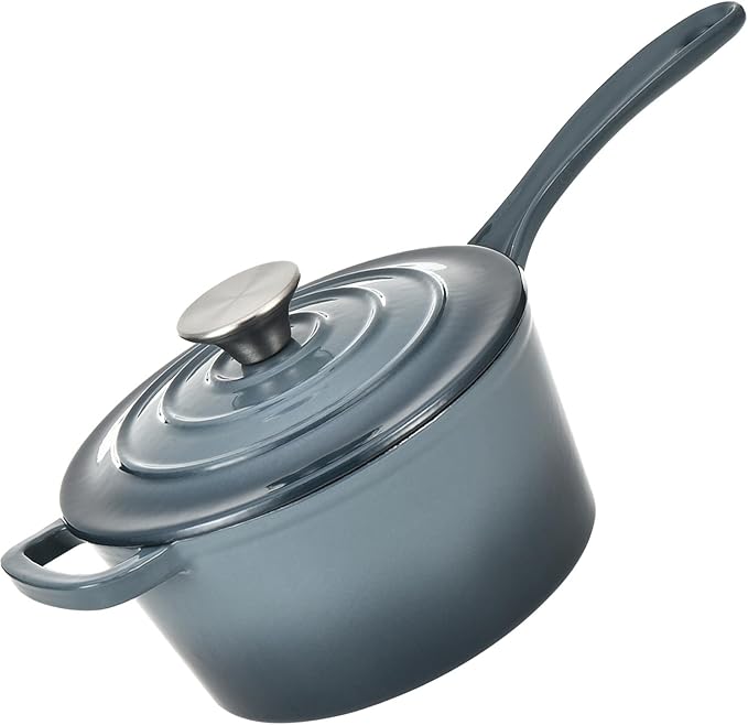Hamilton Beach Enameled Cast Iron Sauce Pan 2-Quart Slate, Cream Enamel coating, Pot For Stove top and Oven Cooking, Even Heat Distribution, Safe Up to 400 Degrees, Durable