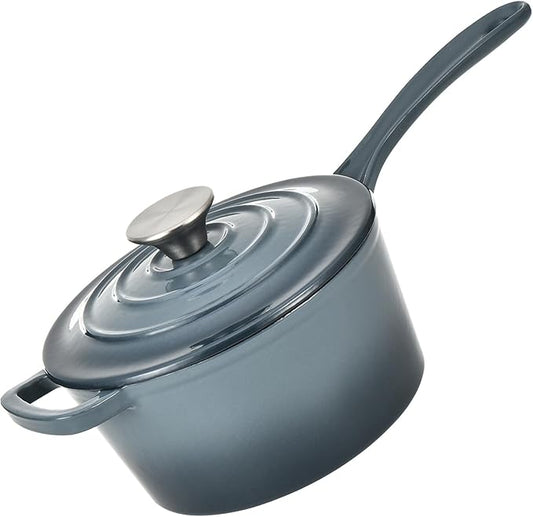 Hamilton Beach Enameled Cast Iron Sauce Pan 2-Quart Slate, Cream Enamel coating, Pot For Stove top and Oven Cooking, Even Heat Distribution, Safe Up to 400 Degrees, Durable