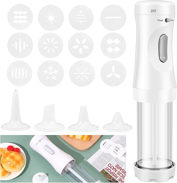 Electric Cookie Press Gun，DIY Cookies Maker Set with 12 Cookie Discs and 4 Icing Nozzles, Electric Cookie Press Decorating Kit for Baking Biscuit Maker