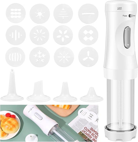 Electric Cookie Press Gun，DIY Cookies Maker Set with 12 Cookie Discs and 4 Icing Nozzles, Electric Cookie Press Decorating Kit for Baking Biscuit Maker