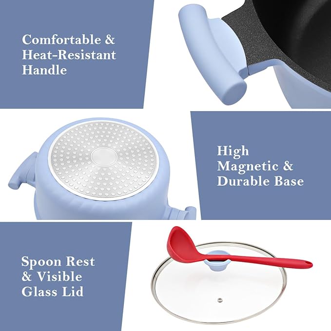 6-Quart Steamer Pot for Cooking, Steam Pots with Basket, Nonstick Stock Pot with Vegetable Steamer, Non Stick Soup Pot with Lid, Stay-Cool Handles, Induction Compatible, PFOA PFOS Free, Blue