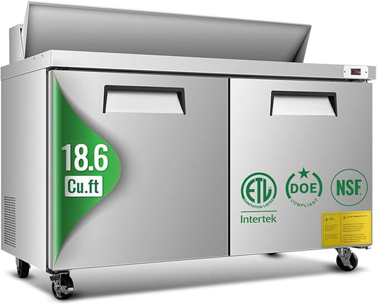 60" W Commercial Refrigerator Sandwich Salad Prep Table, 18.6 Cu.Ft Stainless Steel Food Prep Fridge with 16 Pans, Self-closing Door, Adjustable Shelves, Auto Defrost, Good Choice for Salad Shops