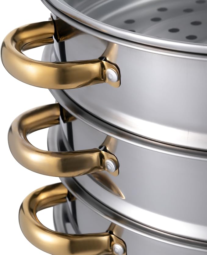5-Tier Stainless Steel Steamer Pot, 1.85 Gal Large Capacity Stackable Steamer Basket Set for Healthy Cooking, Quick & Even Heating with Clear Lid, for Family Kitchen, Induction & Gas Stove