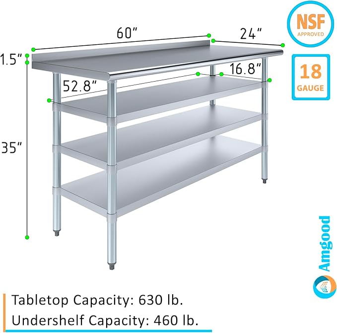 AmGood Stainless Steel Work Table with 1.5" Backsplash and 3 Shelves | Metal Kitchen Food Prep Table | NSF (60" Long x 24" Deep)