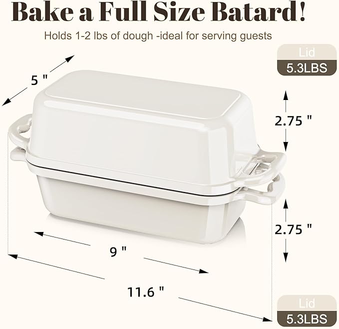 Enameled Cast Iron Sourdough Bread Dutch Oven, Cast Iron Loaf Bread Pan for Homemade Bread Baking, 2PCS 9 x 5Inch Meatloaf Pan with Lid, Oven Safe, Cream