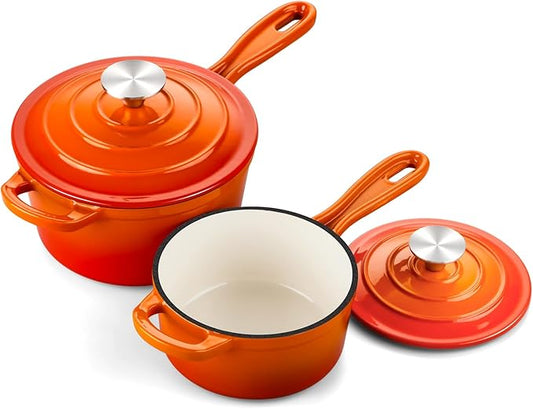 Onader Saucepan Set with Lid, 1QT & 2QT Small Enameled Cast Iron Pot Sets for Cooking, Nonstick Sauce Pan Dutch Oven, Induction Compatible, Heavy Duty – Sunset Orange
