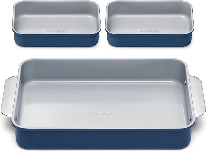 Caraway Nonstick Rectangle Baking Pan Set – 2x 9" x 6.5" & 1x 9" x 13" - Non-Toxic, PTFE & PFOA Free – Aluminized Steel Core – Deep Ceramic Baking Pan for Casseroles, Lasagna & More - Navy