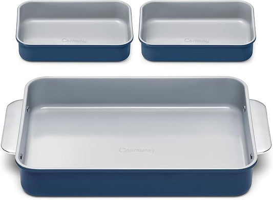 Caraway Nonstick Rectangle Baking Pan Set – 2x 9" x 6.5" & 1x 9" x 13" - Non-Toxic, PTFE & PFOA Free – Aluminized Steel Core – Deep Ceramic Baking Pan for Casseroles, Lasagna & More - Navy