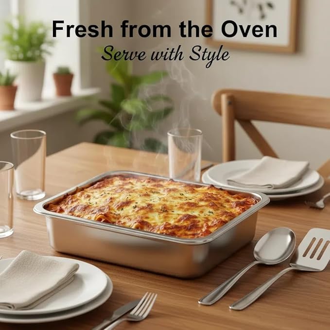 4 Inch Deep Lasagna Pan with Lid, 2 Pack 7.4QT Stainless Steel Baking Pan with Lid, Roasting Pans with Lid, Rectangle Baking Sheet for Oven