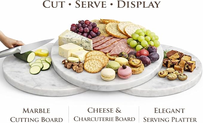 11-Inch Round Marble Cheese Board – Solid White Natural Stone Cutting Board & Charcuterie Serving Tray with Non-Slip Feet, 0.5” Thick, Easy to Clean.