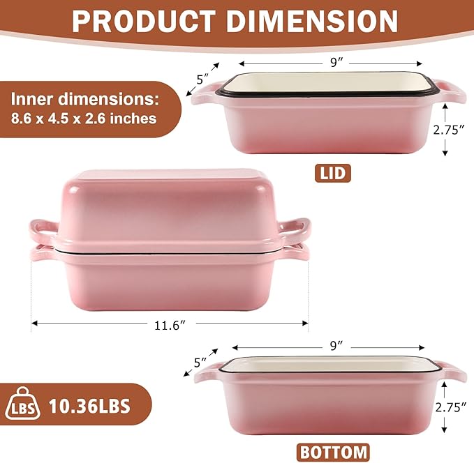 9 x 5 Inch Bread Pan Enameled Cast Iron Loaf Pan with Lid for Baking, 2 in 1 Non-stick Sourdough Bread Loaf Pan for Homemade Bread, Oven & Stovetop Safe for Gas, Electric & Induction, Pink
