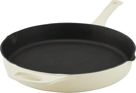 Rachael Ray NITRO Cast Iron Frying Pan/Skillet with Helper Handle and Pour Spouts, 12 Inch, Almond