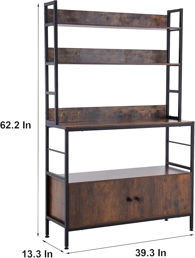 5-Tier Kitchen Baker’s Rack with Storage,Large Bakers Rack with Cabinet, Heavy Duty Oven Stand Microwave,Free Standing Kitchen Utility Shelf with Storage,Spice Rack with Hooks