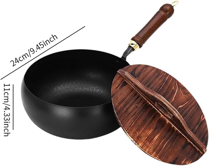 Uncoated Thick Iron Pot, Japanese Iron Pots for Cooking, Uncoating Cast Iron Pot, Hand Forged Iron Pan with Lid Stir Fry Wok Skillet, High Purity Frying Pans for Home Kitchen (Wooden Lid, 10.3in)