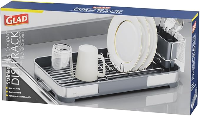 Glad Stainless Steel Dish Drying Rack - Small Space Saving Dish Drainer with Removable Cutlery Holder, Drain Spout, and Towel Bar - Rust-Resistant Metal Rack for Kitchen Countertops, (8”W x 17.5”L)