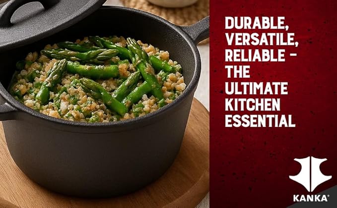 Kanka Grill 14" Cast Iron Sauce Pan with Lid – Pre-Seasoned Deep Cooking Pot for Indoor & Outdoor Grill, Stir Fry, Broth, Frying Nonstick Gourmet Cookware with Silicone Handle & Scraper – Black