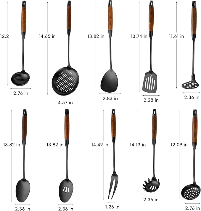 18/10 Stainless Steel Kitchen Utensils Set with Wood Handle Metal Cooking Utensils Set 10 Piece - Spatula, Spoon, Ladle, Skimmer, Slotted Turners, Pasta,Turner, Ladl, Fork