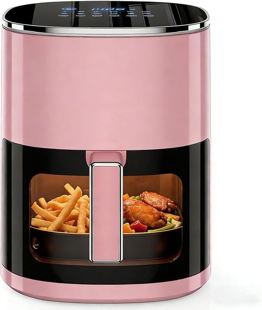 Simple Deluxe 12-in-1 Air Fryer 6.34 Qt, Digital Preset Airfryer with Visible Window, Nonstick and Dishwasher-Safe Basket, Air Fry, Roast, Bake, Dehydrate, Fries, 1700W, Pink