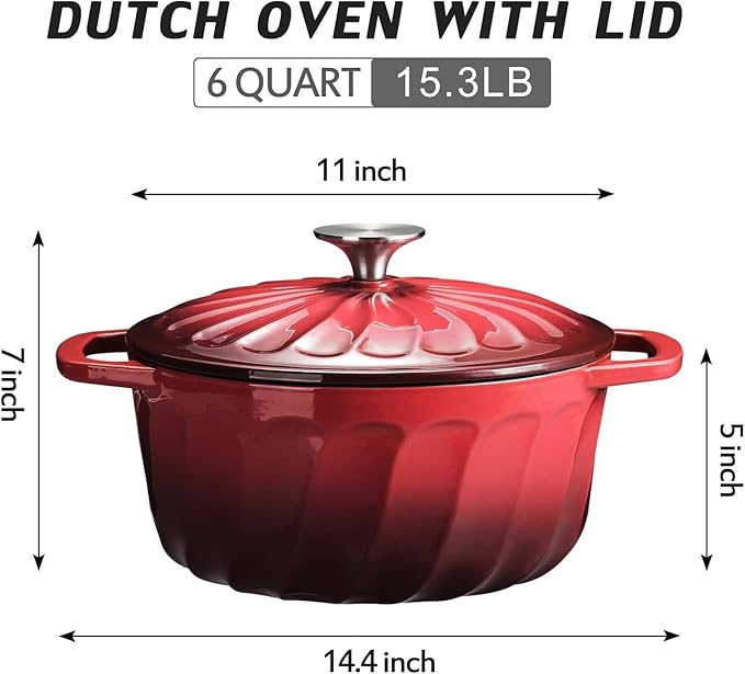 Enameled Cast Iron Dutch Oven with Lid, 6 QT Dutch Oven, Heavy Duty Cast Iron Pot for Sourdough Bread Baking, Braising, Cook, Bake, Oven Safe across All Cooktops (Red,6 QT)